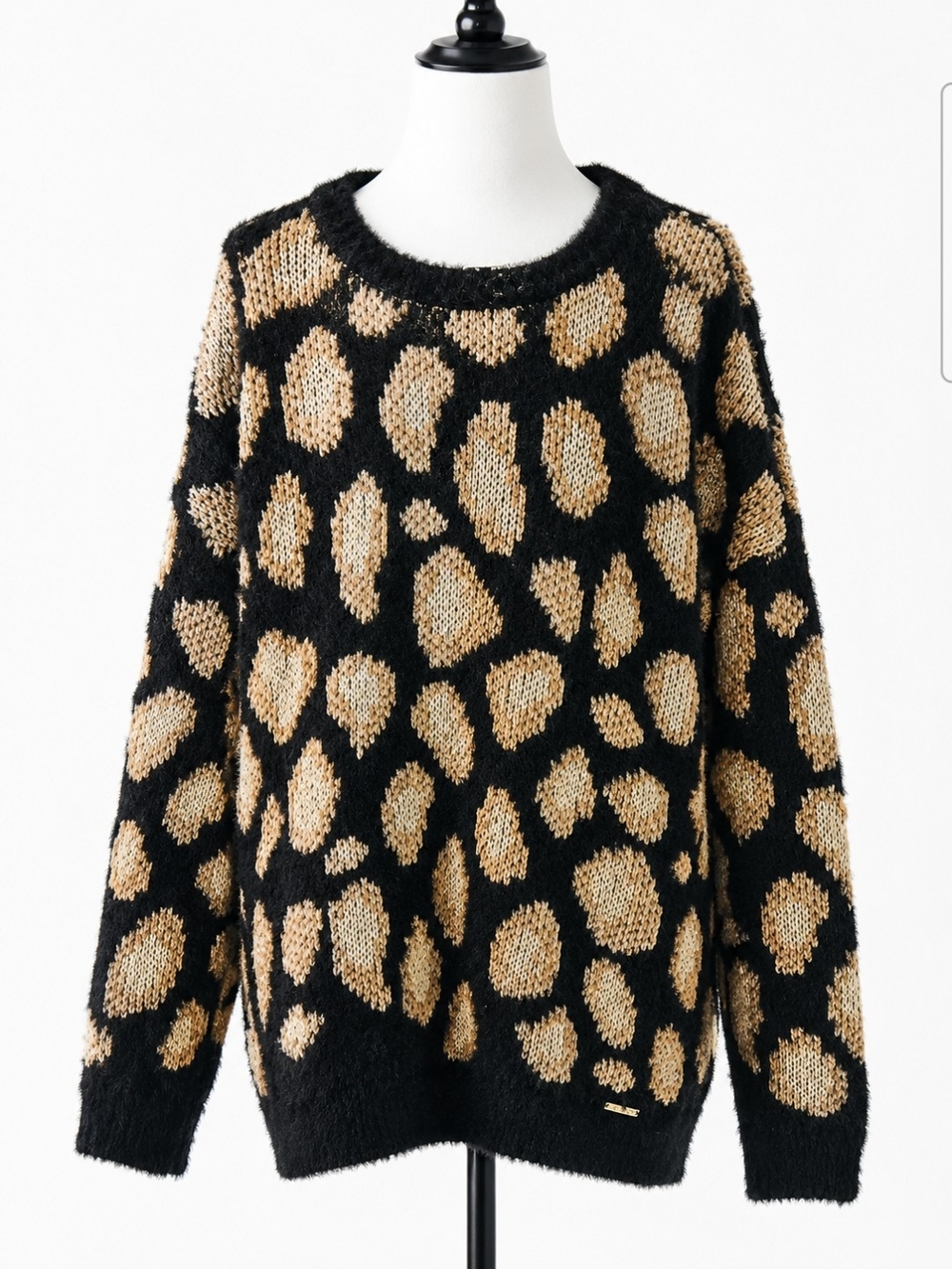 Michael Kors XL Heavy Fuzzy Knit Sweater Leopard Print Black Gold Metallic Pullo